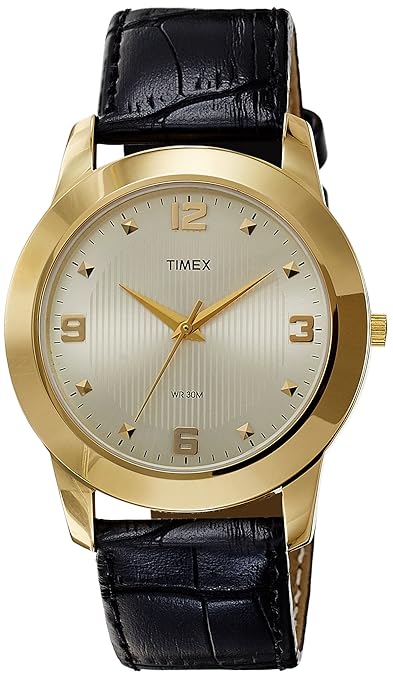 Timex TW000W801 Quartz Analog Gold Dial & Black Leather Strap Watch for Men