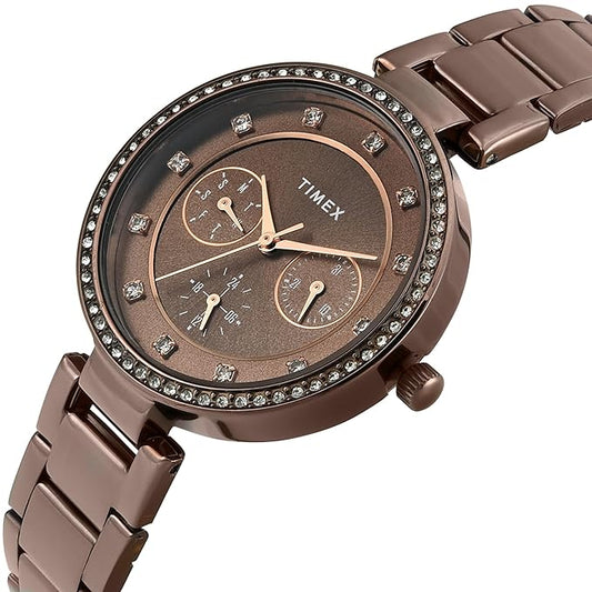 Timex TWEL18722 Women’s Brown Dial Analog Watch with Stainless-Steel Strap
