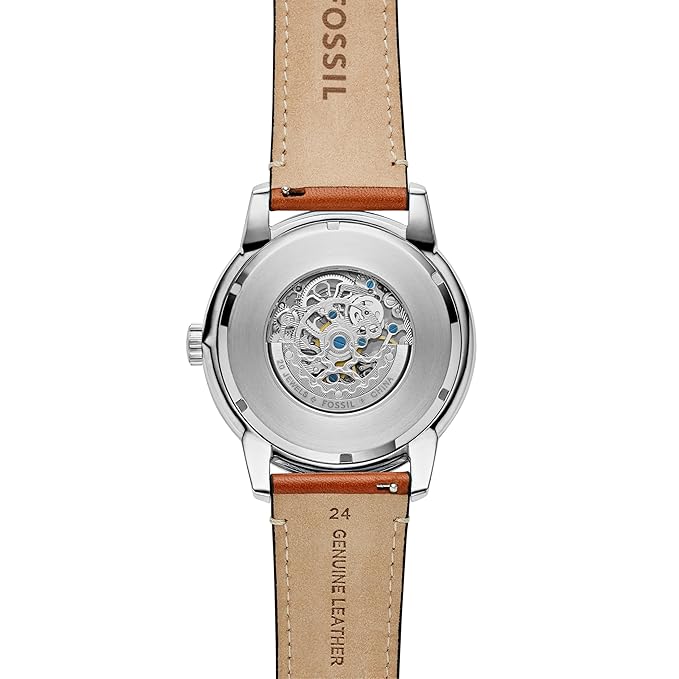 Fossil ME3154 Men's Automatic Skeleton Watch Blue Dial Brown Leather Strap
