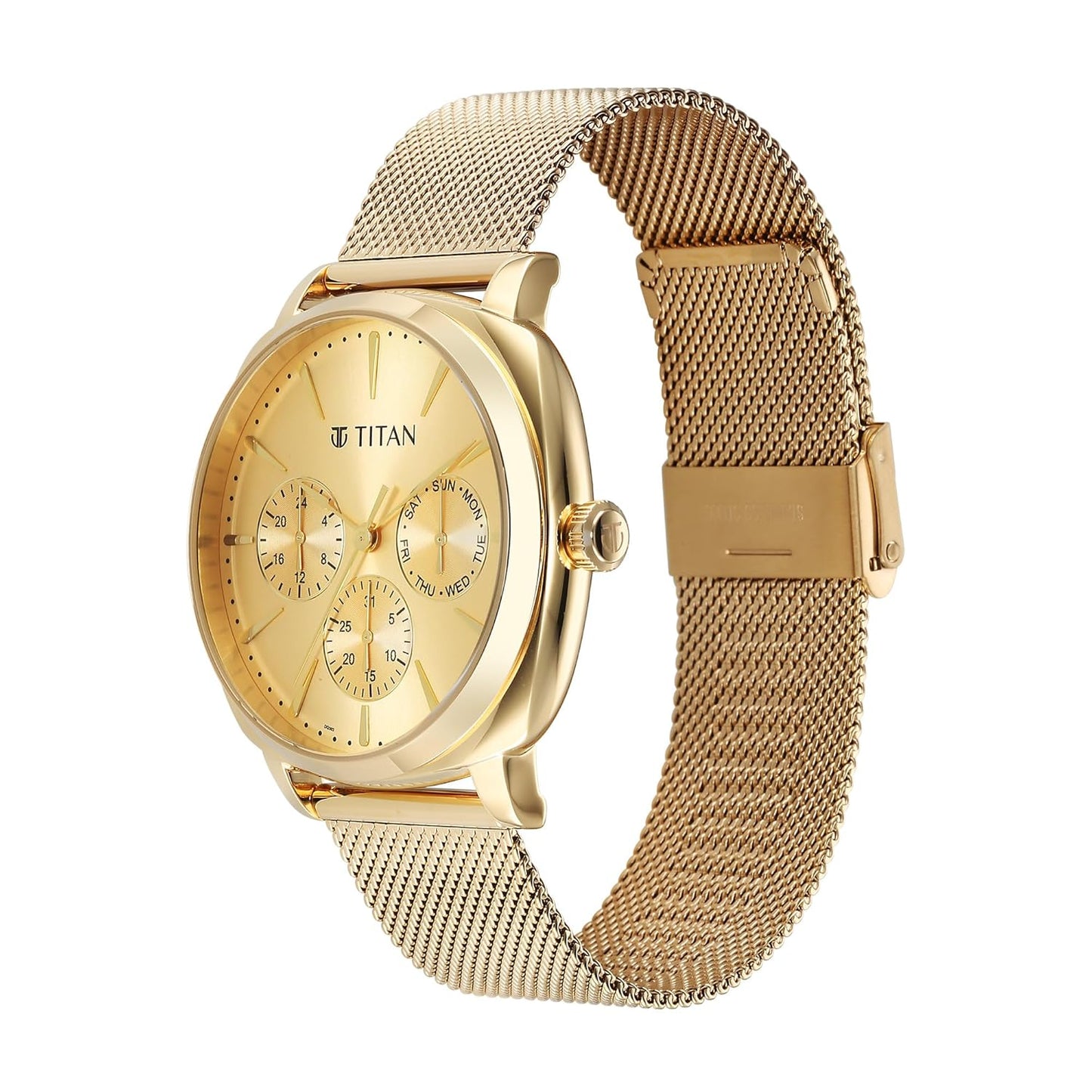 Titan NU90189YM02 Classique Suave Champagne Dial Multifunction Men's Gold Stainless Steel Mesh Watch