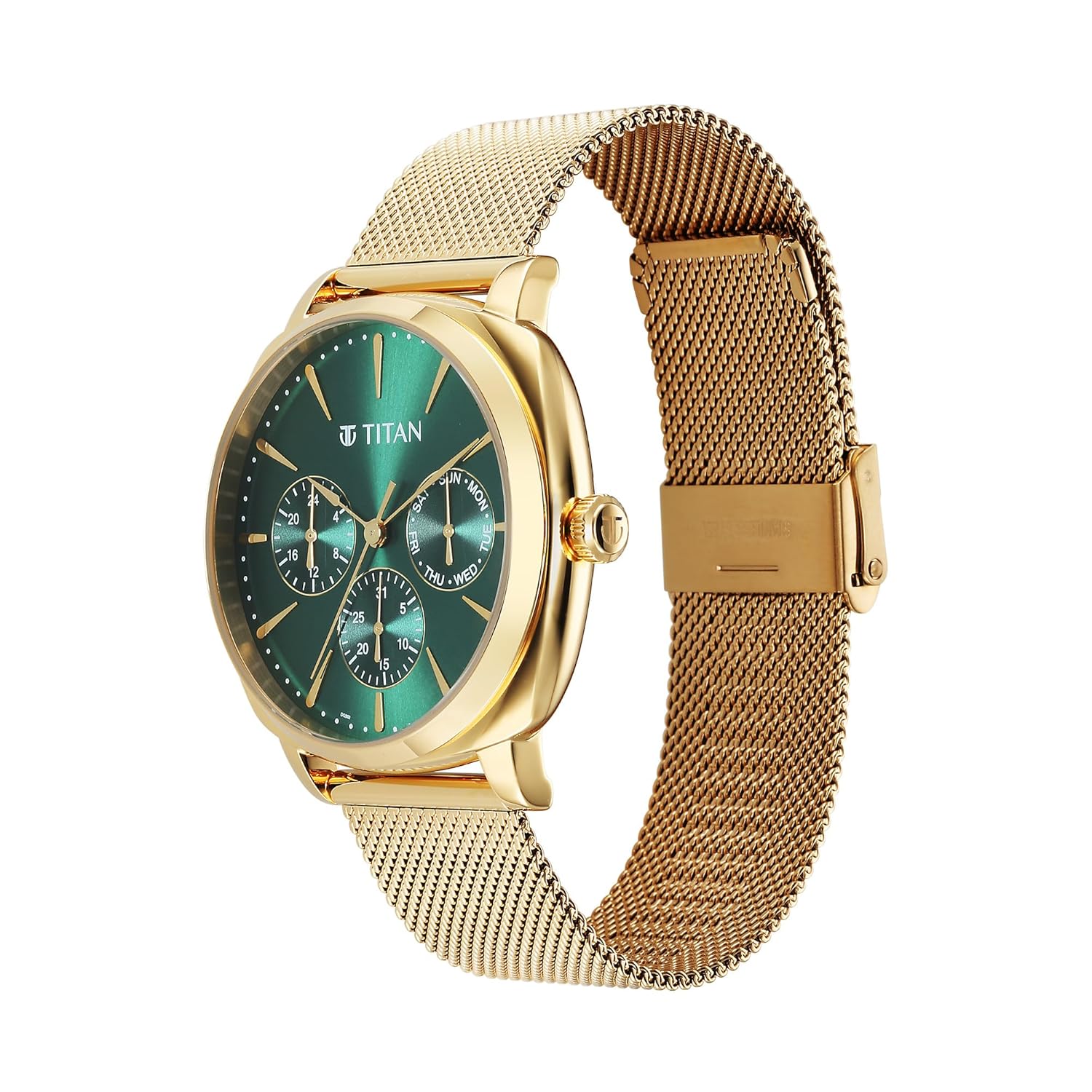 Titan 90189YM01 Classique Suave Green Dial Multifunction Men's Gold Mesh Strap Watch