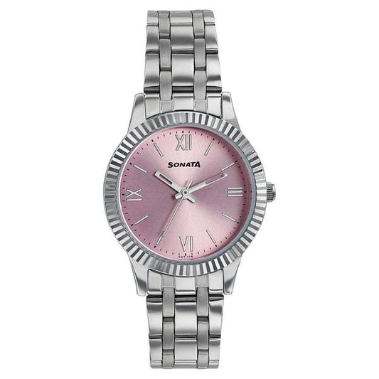 Sonata 8202SM01W Ease Quartz Analog Pink Dial Silver Stainless Steel Women's Watch