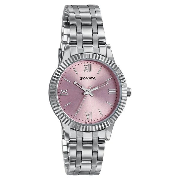 Sonata 8202SM01W Ease Quartz Analog Pink Dial Silver Stainless Steel Women's Watch