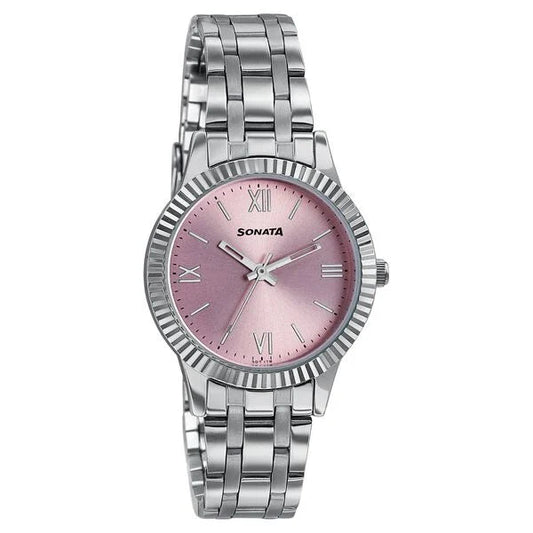 Sonata 8202SM01W Ease Quartz Analog Pink Dial Silver Stainless Steel Women's Watch