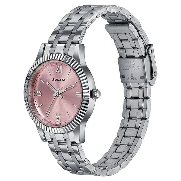 Sonata 8202SM01W Ease Quartz Analog Pink Dial Silver Stainless Steel Women's Watch