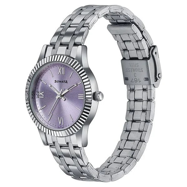 Sonata 8202SM03W Ease Quartz Analog Pink Dial Silver Stainless Steel Women's Watch