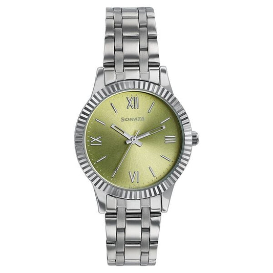 Sonata 8202SM06W Ease Quartz Analog Green Dial Silver Stainless Steel Women's Watch
