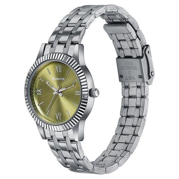 Sonata 8202SM06W Ease Quartz Analog Green Dial Silver Stainless Steel Women's Watch