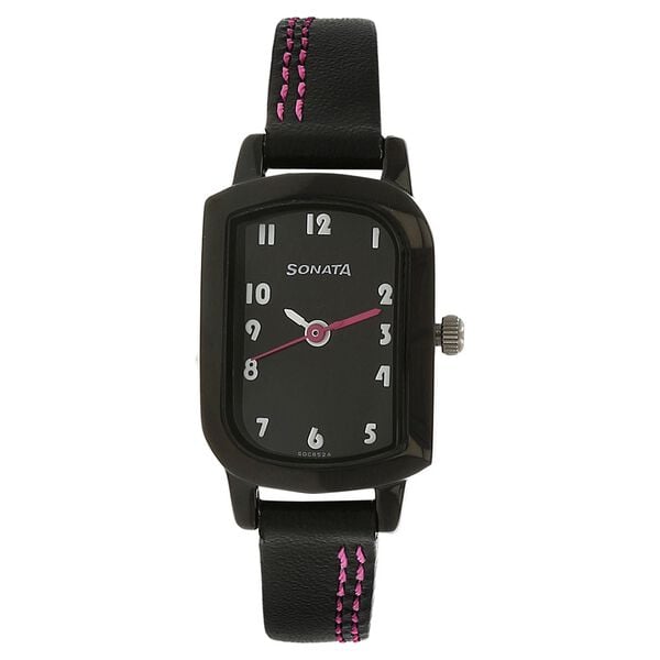 Sonata 87001NL01 Analog Quartz Women Watch with Black Dial and Black Leather Strap