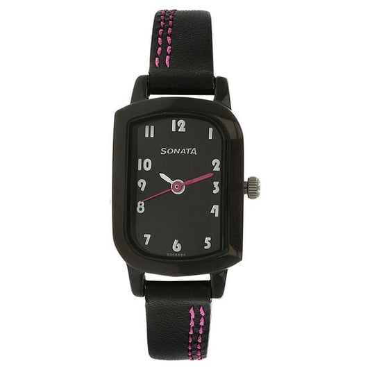 Sonata 87001NL01 Analog Quartz Women Watch with Black Dial and Black Leather Strap