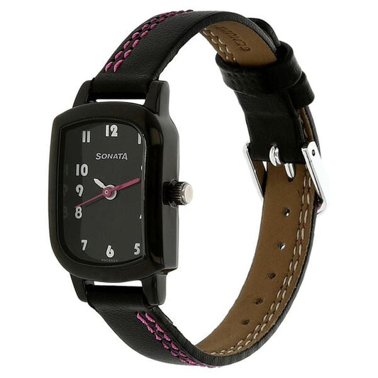 Sonata 87001NL01 Analog Quartz Women Watch with Black Dial and Black Leather Strap
