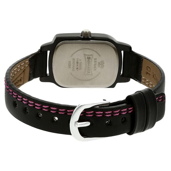 Sonata 87001NL01 Analog Quartz Women Watch with Black Dial and Black Leather Strap