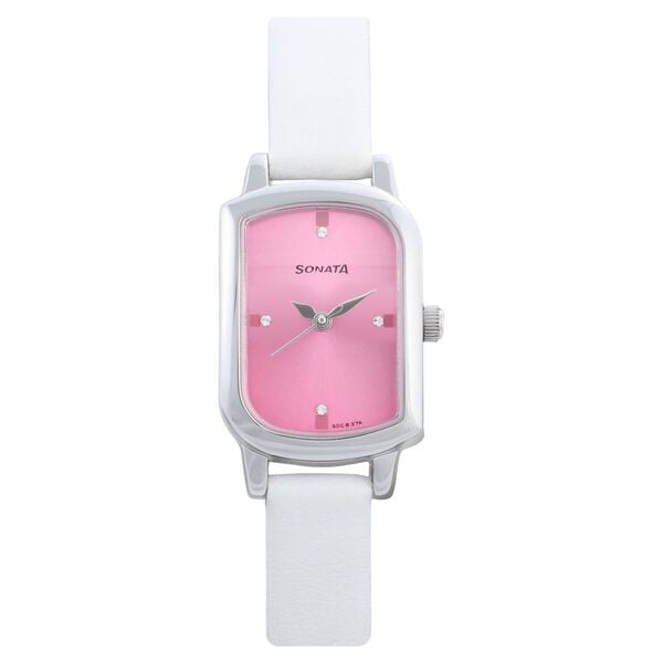 Sonata 87001SL02 Analog Quartz Women Watch with Pink Dial & White Leather Strap