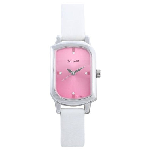 Sonata 87001SL02 Analog Quartz Women Watch with Pink Dial & White Leather Strap
