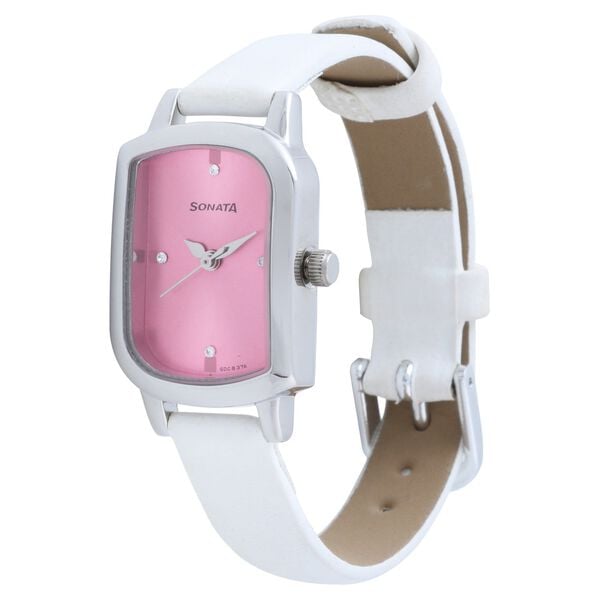 Sonata 87001SL02 Analog Quartz Women Watch with Pink Dial & White Leather Strap