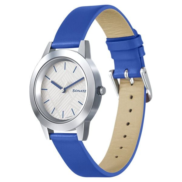Sonata 87019SL15 Quartz Analog White Dial Blue Leather Strap Watch for Women – Silver/Blue