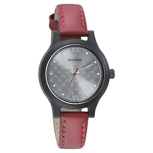 Sonata 87030PL01W Quartz Analog Silver Dial Women’s Watch with Red Leather Strap