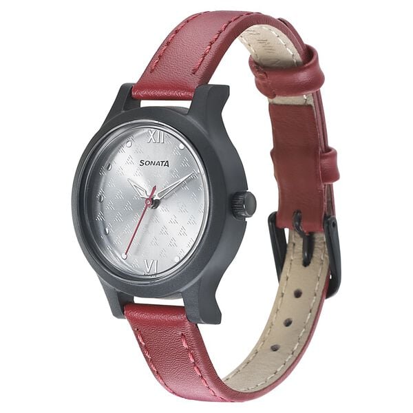 Sonata 87030PL01W Quartz Analog Silver Dial Women’s Watch with Red Leather Strap