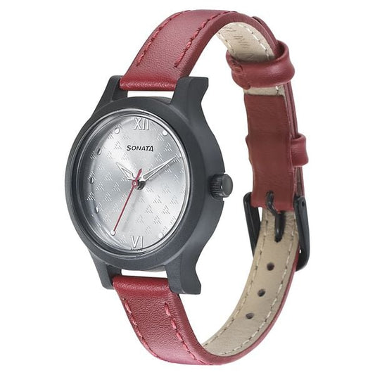 Sonata 87030PL01W Quartz Analog Silver Dial Women’s Watch with Red Leather Strap