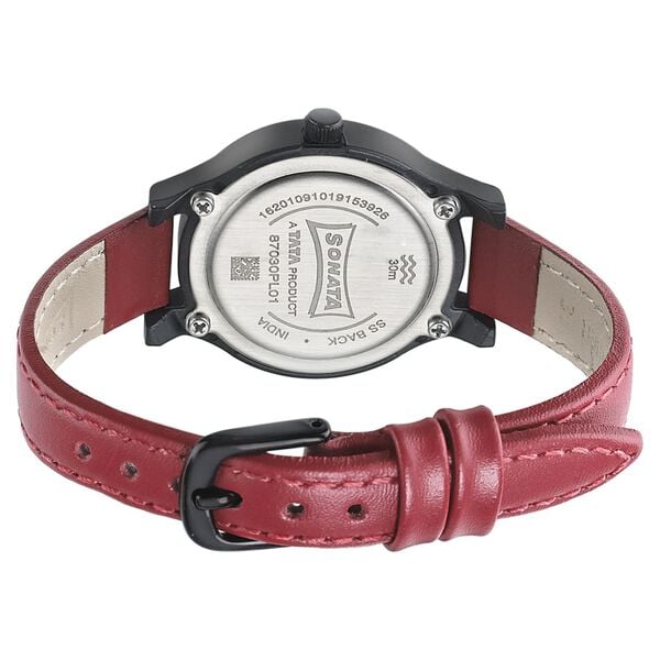 Sonata 87030PL01W Quartz Analog Silver Dial Women’s Watch with Red Leather Strap