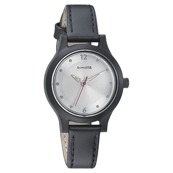 Sonata 87030PL03W Quartz Analog Silver Dial Women’s Watch with Black Leather Strap