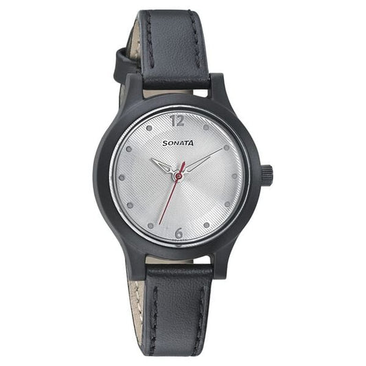 Sonata 87030PL03W Quartz Analog Silver Dial Women’s Watch with Black Leather Strap