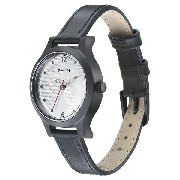 Sonata 87030PL03W Quartz Analog Silver Dial Women’s Watch with Black Leather Strap