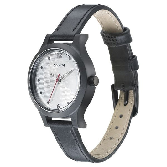 Sonata 87030PL03W Quartz Analog Silver Dial Women’s Watch with Black Leather Strap