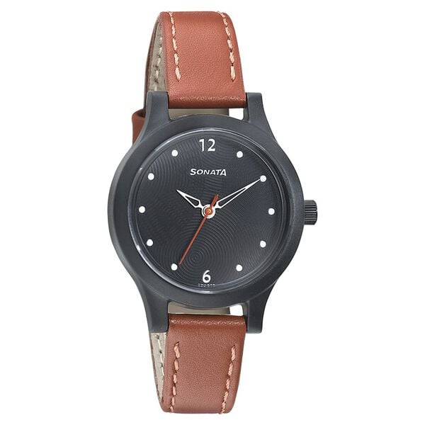 Sonata 87030PL04W Quartz Analog Black Dial Leather Strap Watch for Women
