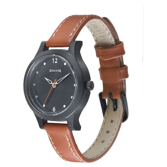 Sonata 87030PL04W Quartz Analog Black Dial Leather Strap Watch for Women