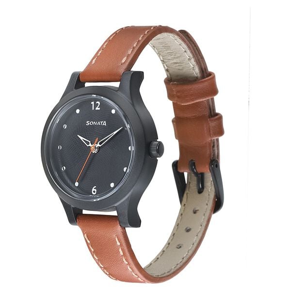 Sonata 87030PL04W Quartz Analog Black Dial Leather Strap Watch for Women