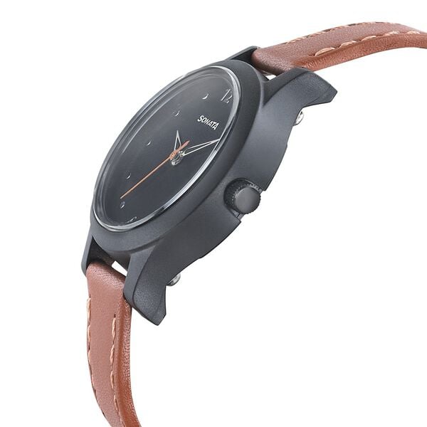 Sonata 87030PL04W Quartz Analog Black Dial Leather Strap Watch for Women