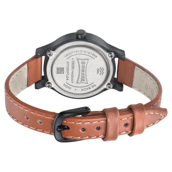 Sonata 87030PL04W Quartz Analog Black Dial Leather Strap Watch for Women