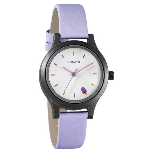 Sonata 87030PL09W Analog Quartz Women White Dial Blue Leather Strap Watch