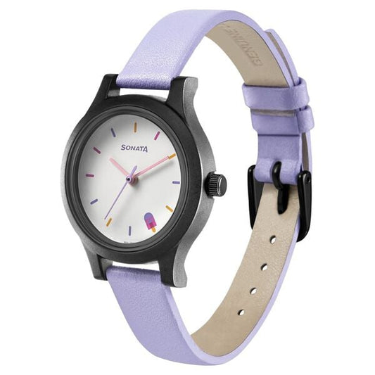 Sonata 87030PL09W Analog Quartz Women White Dial Blue Leather Strap Watch