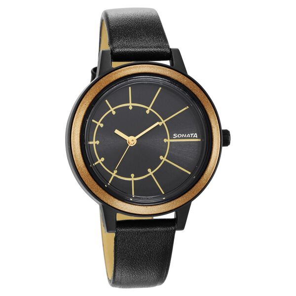 Sonata 87036PL12 Pop Quartz Analog Black Dial Leather Strap Watch for Women