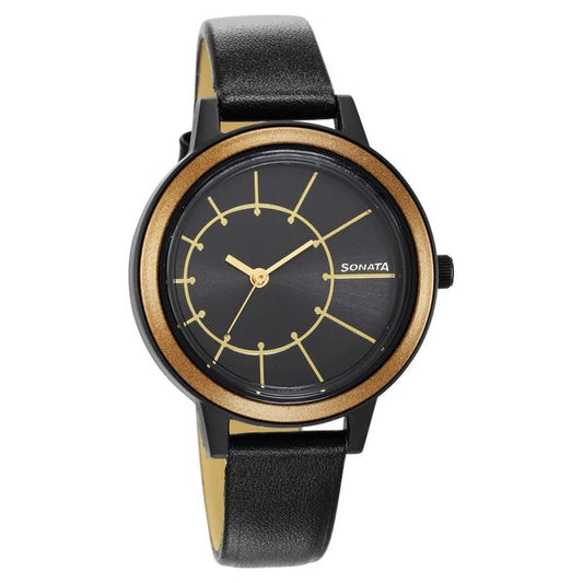 Sonata 87036PL12 Pop Quartz Analog Black Dial Leather Strap Watch for Women