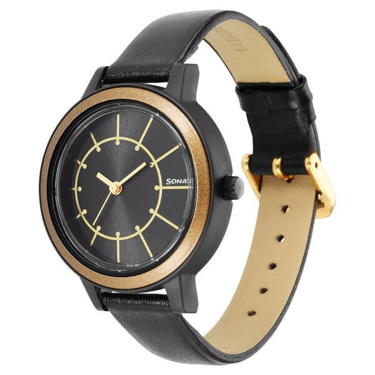 Sonata 87036PL12 Pop Quartz Analog Black Dial Leather Strap Watch for Women