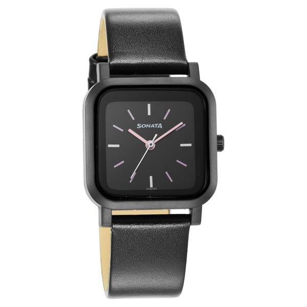 Sonata 87037PL05W women’s watch front view black dial