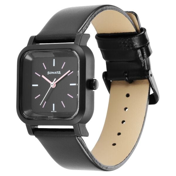 Sonata 87037PL05W Pop Quartz Analog Black Dial Leather Strap Watch for Women