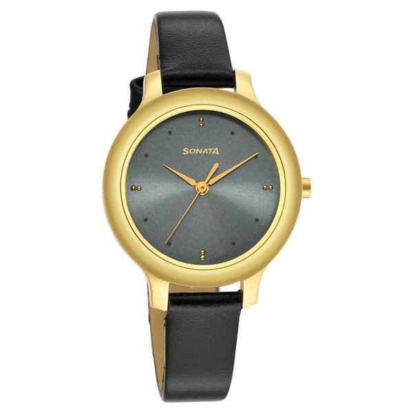 Sonata 87042YL01W Quartz Analog Grey Dial Women’s Watch with Black Leather Strap