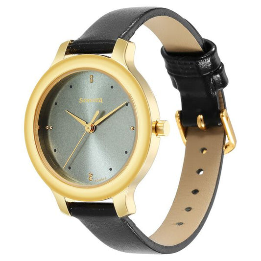 Sonata 87042YL01W Quartz Analog Grey Dial Women’s Watch with Black Leather Strap