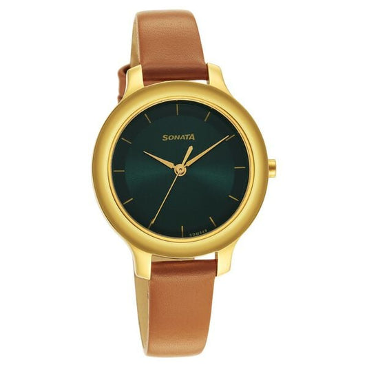 Sonata 87042YL02W Analog Quartz Women’s Watch – Green Dial, Brown Leather Strap, Gold Case