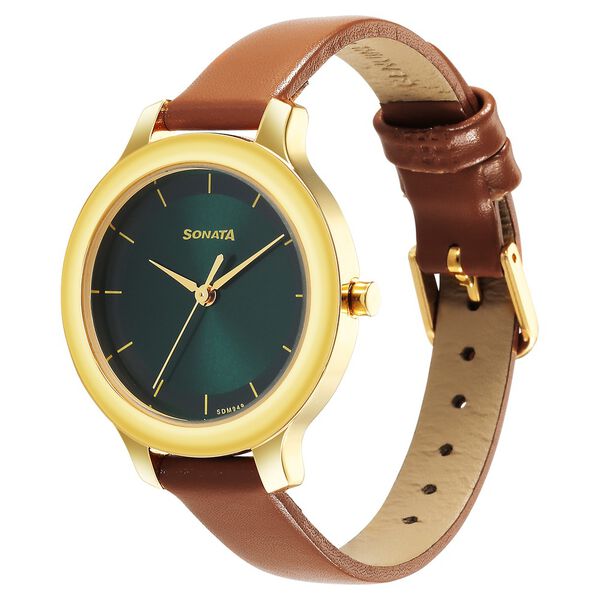Sonata 87042YL02W Analog Quartz Women’s Watch – Green Dial, Brown Leather Strap, Gold Case