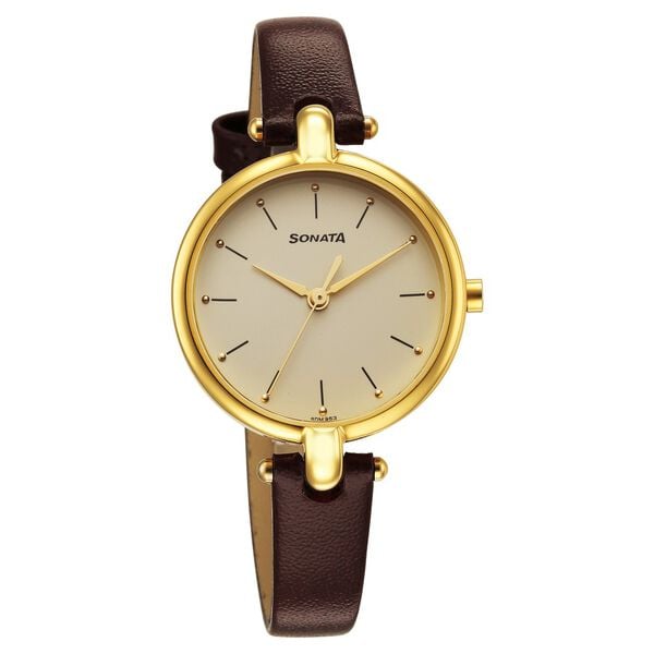 Sonata 87043YL02W Quartz Analog Champagne Dial Women’s Watch with Brown Leather Strap