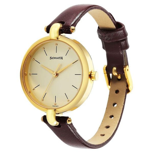 Sonata 87043YL02W Quartz Analog Champagne Dial Women’s Watch with Brown Leather Strap