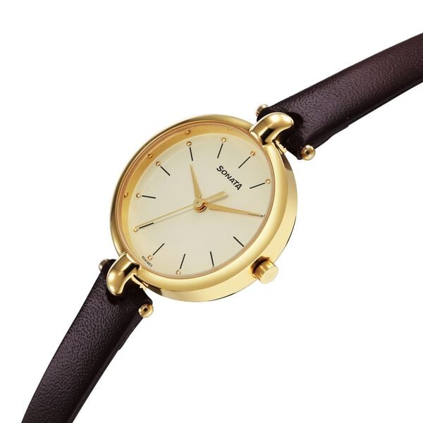 Sonata 87043YL02W Quartz Analog Champagne Dial Women’s Watch with Brown Leather Strap