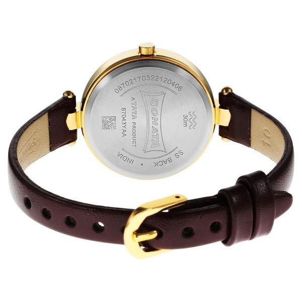Sonata 87043YL02W Quartz Analog Champagne Dial Women’s Watch with Brown Leather Strap