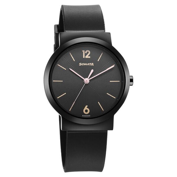 Sonata 87044NP01 women’s black dial watch front