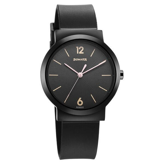 Sonata 87044NP01 women’s black dial watch front